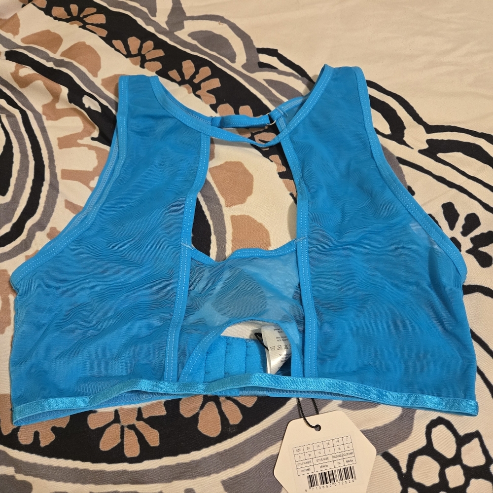 NWT Blue Sheer Mesh Sports Bra